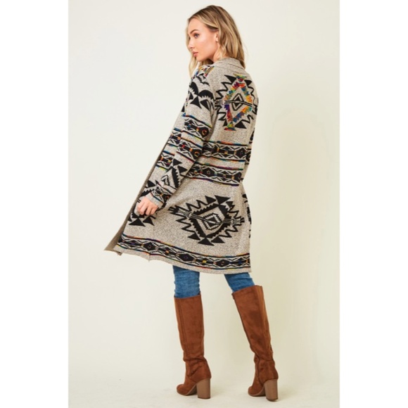 Taupe Multi Color Aztec Tribal Native Western Boho Open Cardigan Sweater - Picture 5 of 10